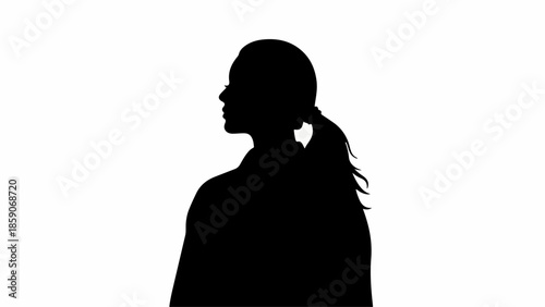 Silhouette of a thoughtful woman looking away with her hair in a ponytail against a white background