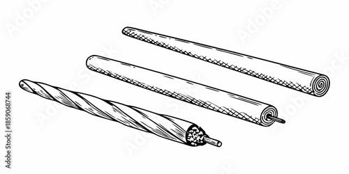 Sketch of three drill bits in varying stages of spiral formation