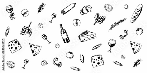 A charming black and white sketch displaying various food and drink items