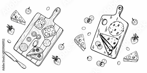 Sketch of cheese bread and fruit arrangements on wooden cutting boards