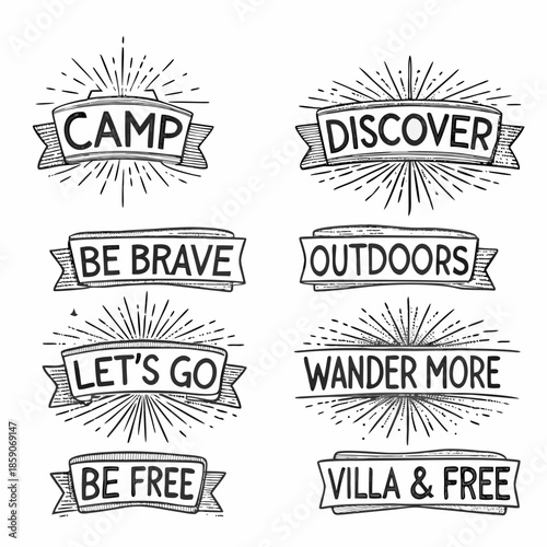 Hand drawn adventure banners with motivational quotes and rustic camping themes