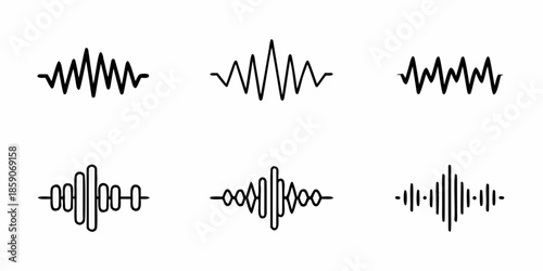 Illustrative depiction of various sound wave patterns and waveforms in black and white