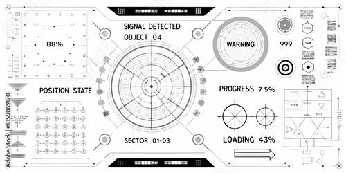 Futuristic radar display showing signal detection object tracking and system status