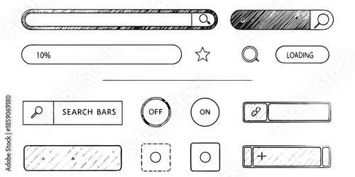 Sketchy interface elements loading bars search fields and toggle switches