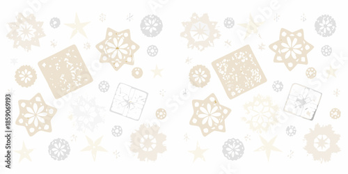 Delicate paper snowflakes and star shapes in a light neutral background