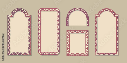 A collection of ornate red lined rectangular and arched frame designs on beige