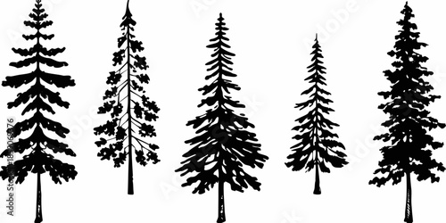 A collection of silhouetted evergreen trees against a plain white background