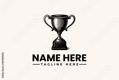 A black and white vector illustration of a trophy cup with two handles and a pedestal base, accompanied by placeholder text for a name and tagline on a plain background.