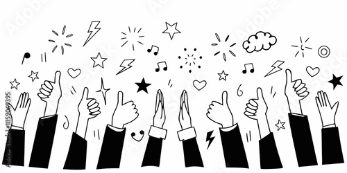 Celebration with hands stars music notes and lightning a joyful scene