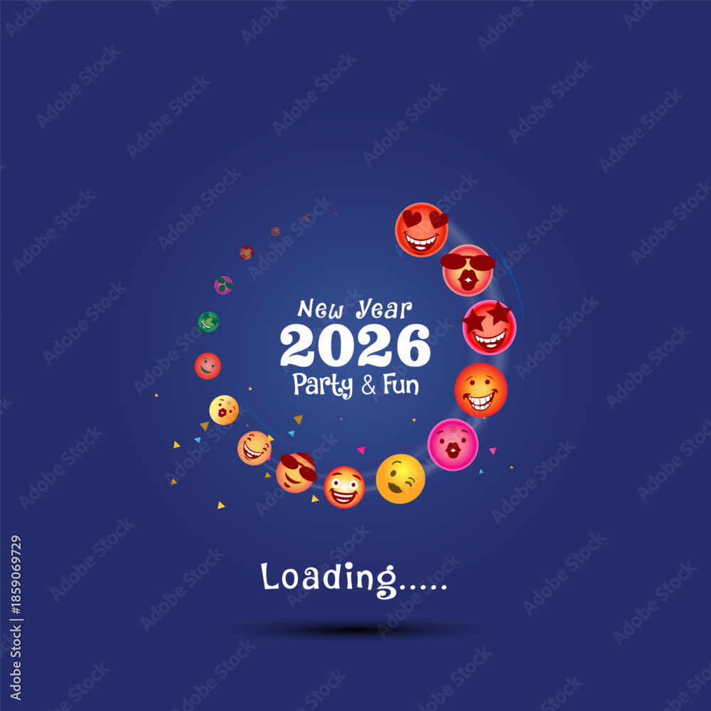 Fototapeta premium Modern minimal New Year 2026 party and fun loading countdown concept with funny emoji face and shiny confetti. 