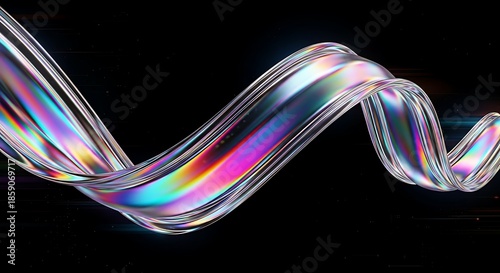 Twisted iridescent fluid ribbon flowing through dark space backdrop