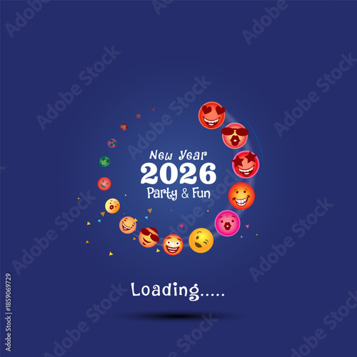 Modern minimal New Year 2026 party and fun loading countdown concept with funny emoji face and shiny confetti.
