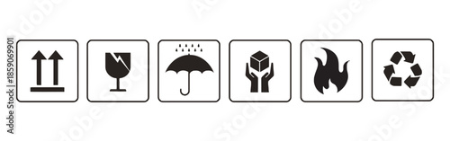 Packaging Symbols Collection of Handling Instructions Such as Fragile Keep Dry This Way Up Handle With Care Flammable and Recycle on White Background Vector Illustration