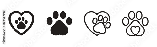 Paw print icon set concept for animal pet dog cat design element domestic outline silhouette mammal track vector illustration