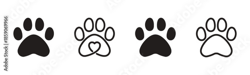 Paw print icon set concept for animal pet dog cat design element domestic outline silhouette mammal track vector illustration