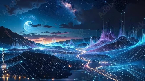 Stunning digital art of a futuristic landscape with glowing lights.