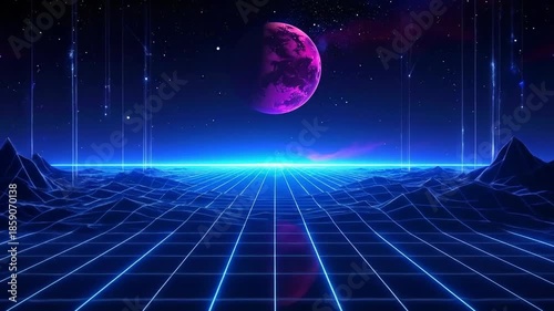 Stunning digital landscape with a vibrant purple planet and grid.
