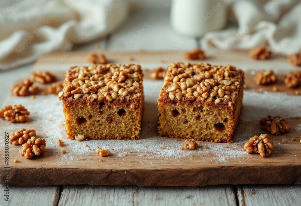 Fototapeta premium Nutty cake squares on wood dusted with flour