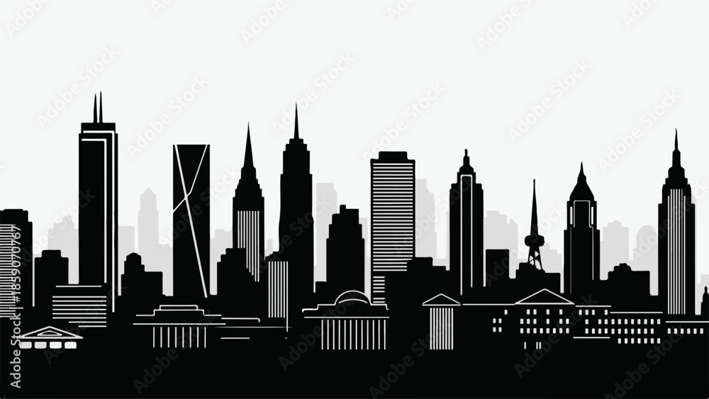 Naklejka premium Modern cityscape silhouette with diverse skyscrapers under a clear sky