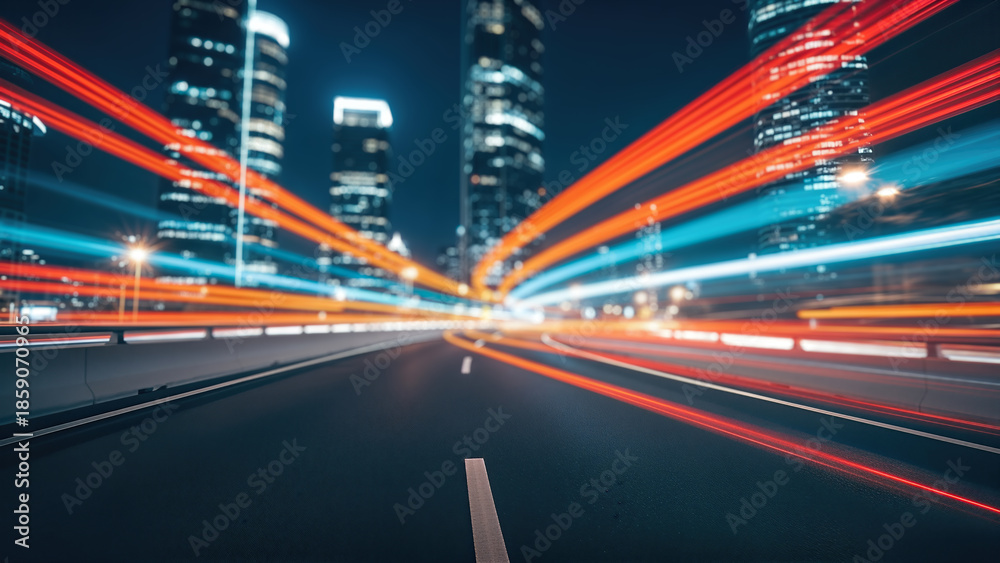 Fototapeta premium Highway traffic at night with blurred lights from vehicles creating dynamic motion, showcasing urban life and the concept of traffic jams in a bustling city environment