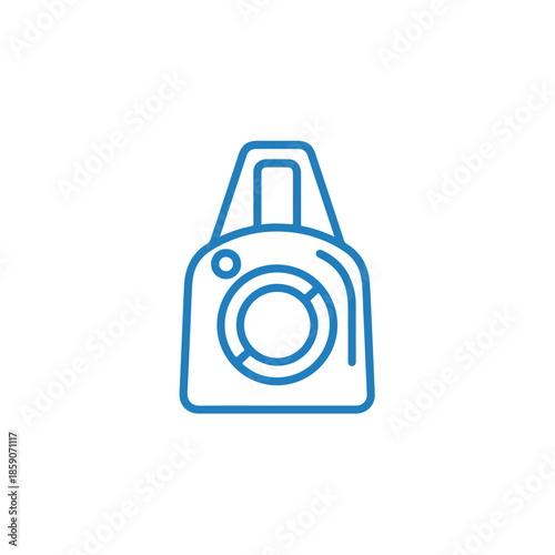 A simple blue line drawing of a camera on a white background
