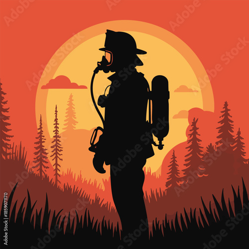 Firefighter silhouette standing in a burning forest at sunset, wearing a mask and oxygen tank, with orange sky.