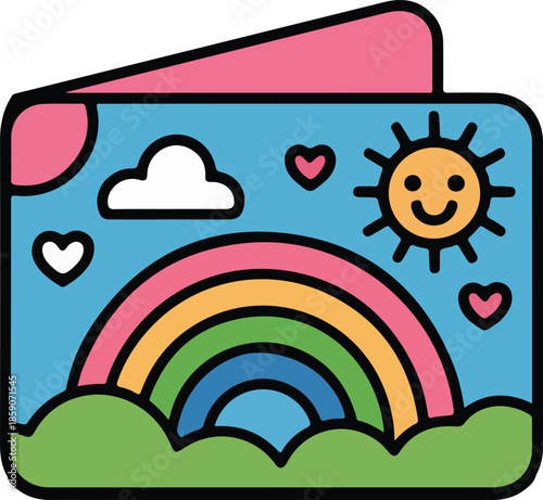 Vibrant Cartoon Rainbow Vector Graphic with Smiling Sun and Hearts Perfect for Children's Content