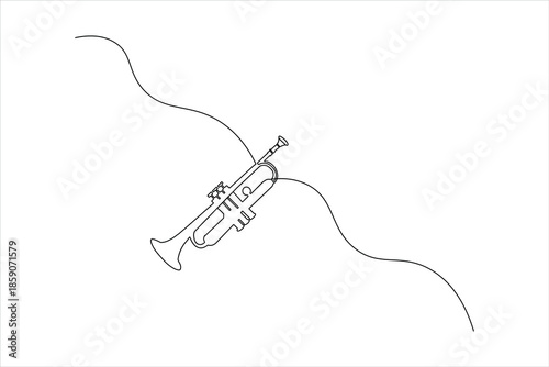 Minimalist continuous one-line drawing of a classic trumpet. Sleek vector art of a musical instrument for jazz and orchestra themes.