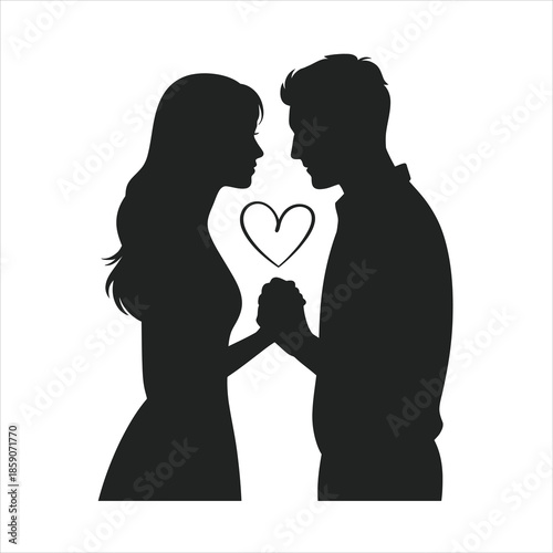silhouette of a couple holding hands with a heart between them