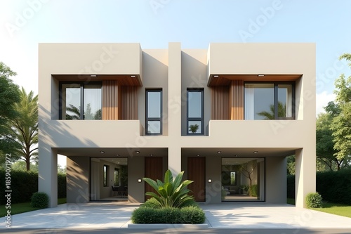 Modern Semi Detached House Exterior With Minimalist Architecture, Symmetrical Design, Green Lawn, And Natural Daylight
