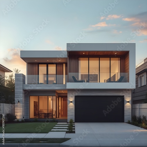 Modern Two Story Luxury House Exterior With Minimalist Architecture, Glass Balcony, And Warm Sunset Lighting