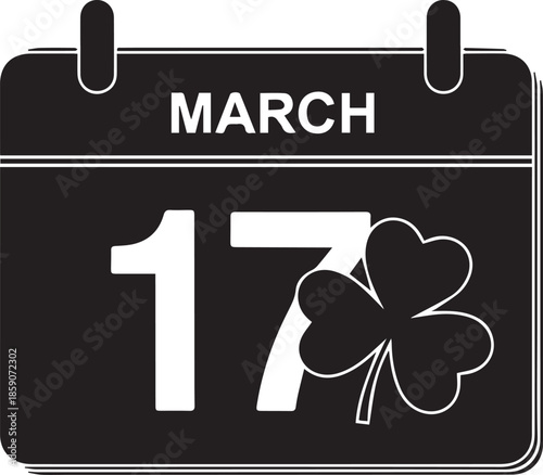 Black and white calendar page showing march 17 with a shamrock