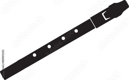 Black silhouette of a wooden recorder musical instrument on a white background