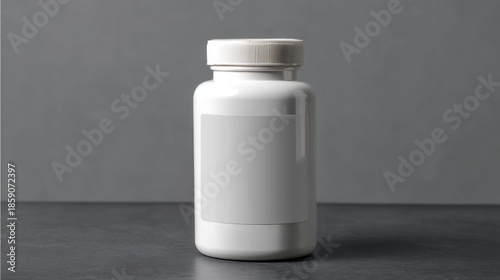 A round white bottle with no label stands on a flat surface under soft lighting against a plain grey backdrop.