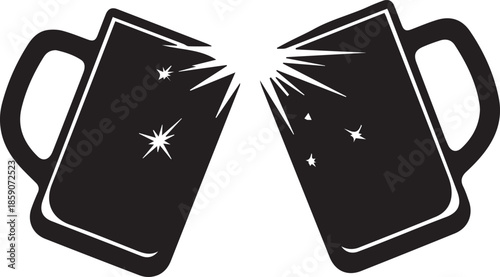 Two black silhouette beer mugs clinking together in celebration