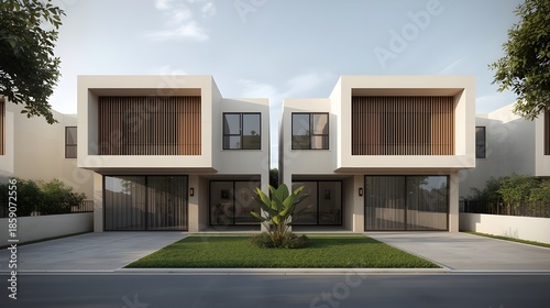 Modern Semi Detached House Exterior With Minimalist Architecture, Symmetrical Design, Green Lawn, And Natural Daylight
