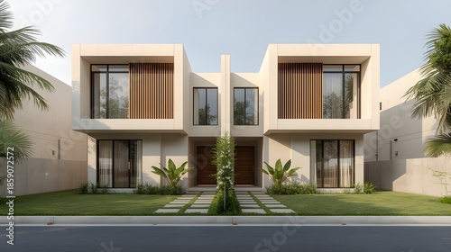 Modern Semi Detached House Exterior With Minimalist Architecture, Symmetrical Design, Green Lawn, And Natural Daylight