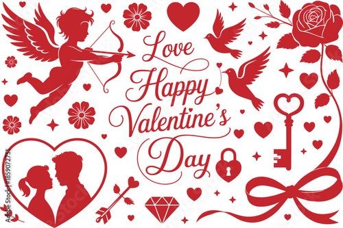 Red Valentine's Day with Cupid Couple Hearts Doves Rose Key and Text