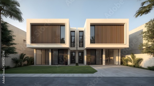 Modern Semi Detached House Exterior With Minimalist Architecture, Symmetrical Design, Green Lawn, And Natural Daylight