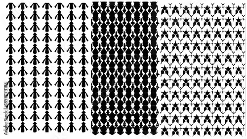 Geometric patterns with people and shapes in black and white
