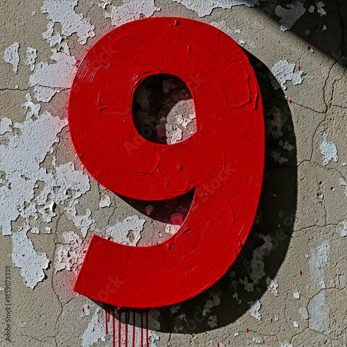 Large red number nine on cracked wall with peeling paint