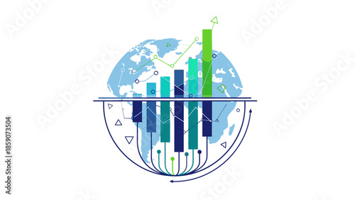 A graphic illustration of a globe with a bar chart and various symbols, representing geopolitics and security data in a stylized, modern design against a clean white background.