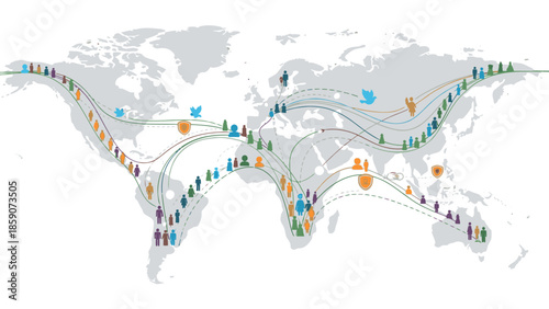 A world map with multicolored lines and markers illustrating global geopolitics and security connections on a white background.
