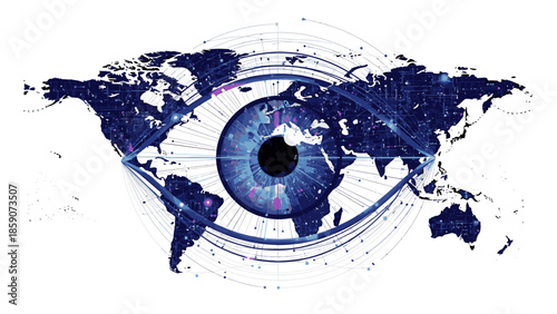 A stylized illustration of a blue eye superimposed over a world map, conveying global geopolitics and security surveillance with a futuristic and technological feel.