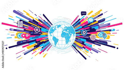 Vibrant illustration of a globe surrounded by colorful, dynamic lines and icons, symbolizing global geopolitics and security concerns in a modern, abstract style.