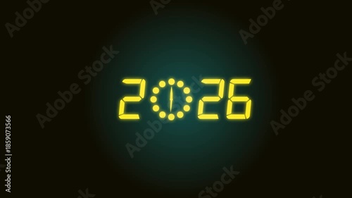  2026 Year clock animation on dark background. 2026-year clock animation on dark background time concept.