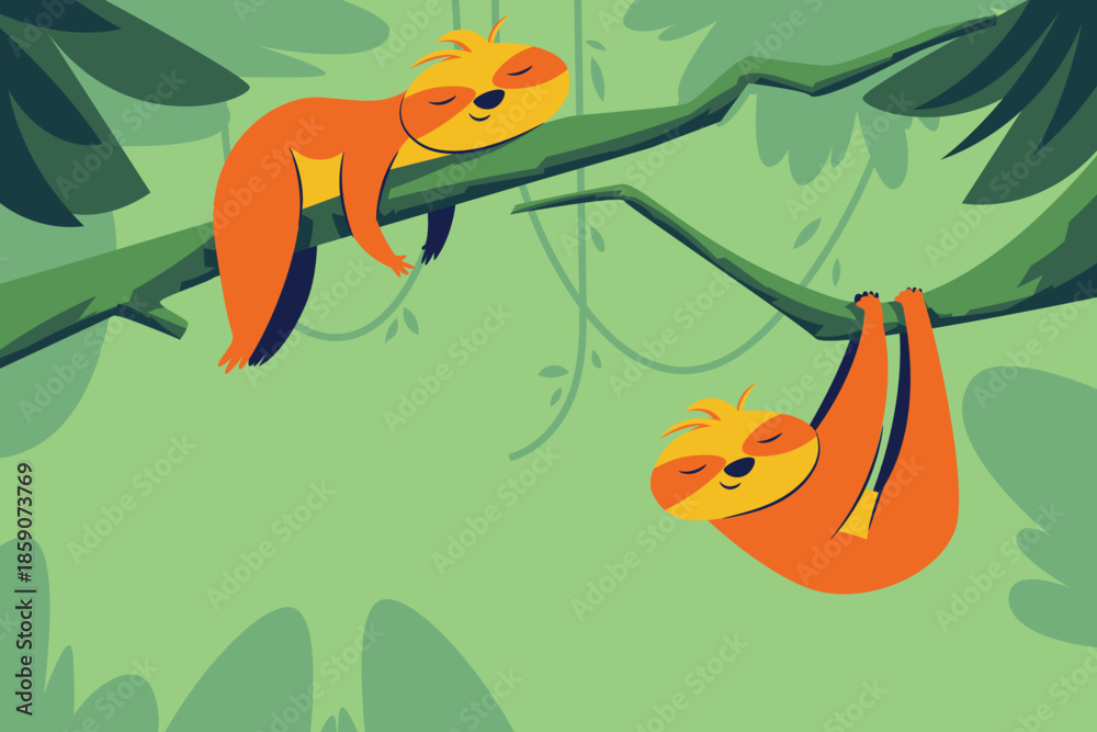 Naklejka premium Cute Sloth Illustration Sleeping on Tree Branch in Flat Vector Style