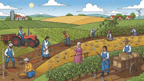 Rural farming scene with people working the land tractor and harvest illustrating agricultural labor and rural life