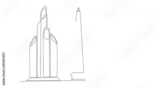 Animated The sharpened bamboo monument, the hero's monument and the Surabaya monument. Surabaya concept one-line drawing