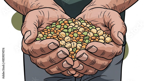 Hands holding a pile of mixed dried peas and beans representing agriculture and healthy food isolated on white background